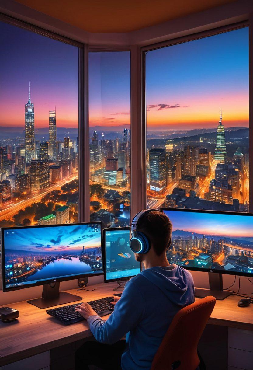 A person sitting at a computer in a cozy, modern room with multiple screens, showing live webcam streams with vibrant chat windows. The person looks excited and engaged, with a variety of high-tech gadgets on the desk, like headphones and a microphone. The background shows a scenic cityscape through a large window, suggesting it's evening time. Super-realistic. vibrant colors.