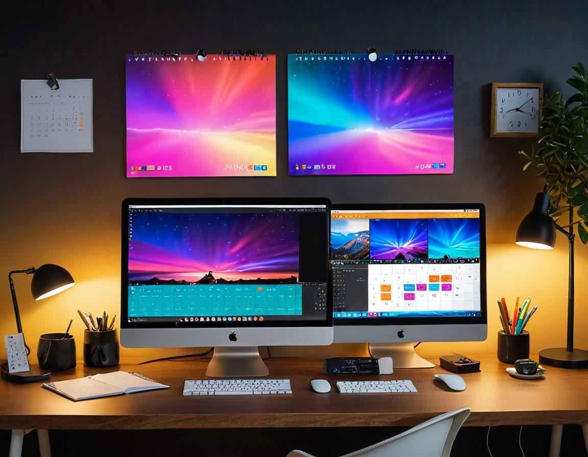 A sleek, modern room with a large computer monitor displaying a vibrant live cam show, colorful lighting enhancing the ambient mood. On the desk, an array of tech gadgets like a high-quality webcam, headphones, and a comfortable chair show readiness for a great entertainment experience. A calendar on the wall marked with scheduled show times adds a personal touch, creating an inviting atmosphere for a guide. super-realistic. vibrant colors. cozy ambiance.
