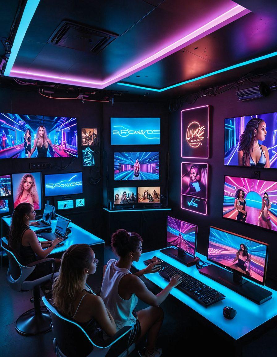 A colorful, dynamic scene featuring a high-tech room with multiple screens showing lively interactions between people and live cam models. Vibrant neon lights illuminate the space, creating an exciting atmosphere. Each screen displays a different engaging activity, with diverse models and fans attentively interacting. The overall image should convey energy, connection, and the sophisticated technology behind live cam entertainment. vibrant colors. futuristic. semi-realistic.